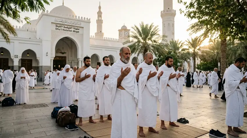 Pilgrims wearing Ihram at Dhul Hulaifah Miqat Mosque