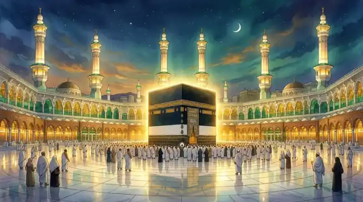The Holy Kaaba in Masjid al-Haram during Tawaf in Mecca, Saudi Arabia