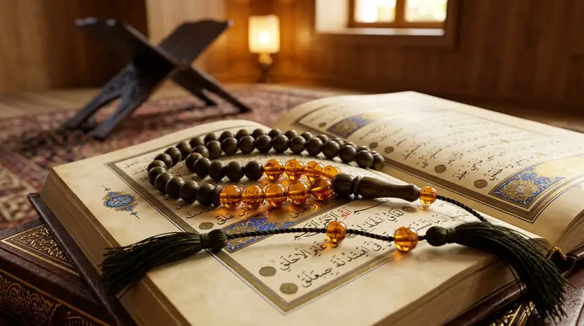 Handcrafted Islamic Misbaha prayer beads resting on the holy Quran with warm ambient lighting