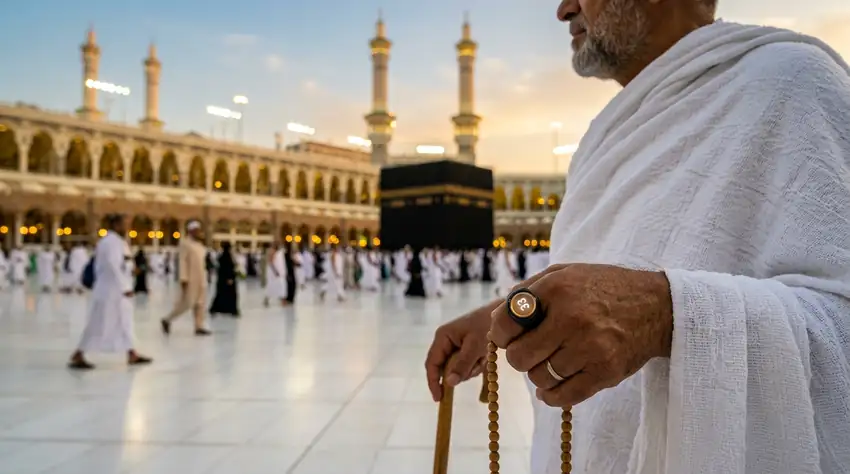 Pilgrim wearing a digital smart tasbeeh ring with OLED display in the courtyard of Masjid al-Haram Makkah